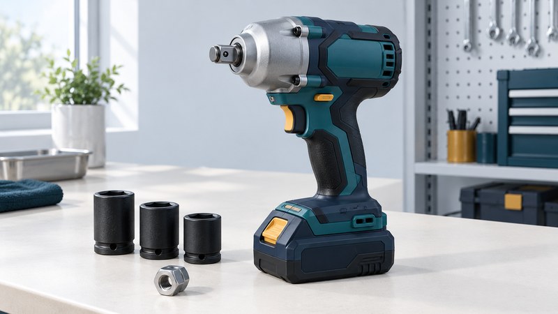 A teal cordless impact wrench with an exposed square anvil beside dark impact sockets and a hex nut.