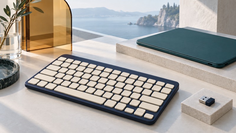 A navy keyboard with blank ivory keys sits beside a small receiver and closed teal tablet.