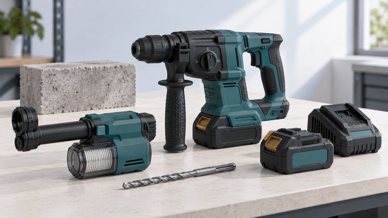 A stationary rotary hammer with auxiliary handle beside a dust collector, spare battery, charger, masonry bit and concrete block.