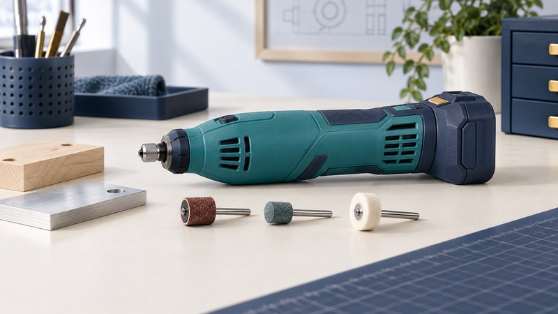 Illustration of an idle cordless rotary tool with separate sanding, grinding and polishing accessories.