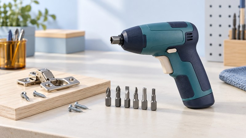 Illustration of a compact cordless screwdriver beside separate bits, small screws and a cabinet hinge.