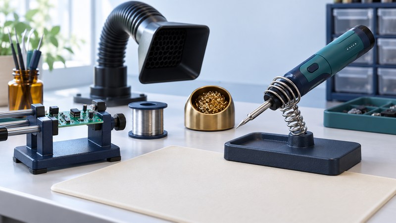 Illustration of a battery soldering iron in a stand beside an unpowered practice board and extraction nozzle.
