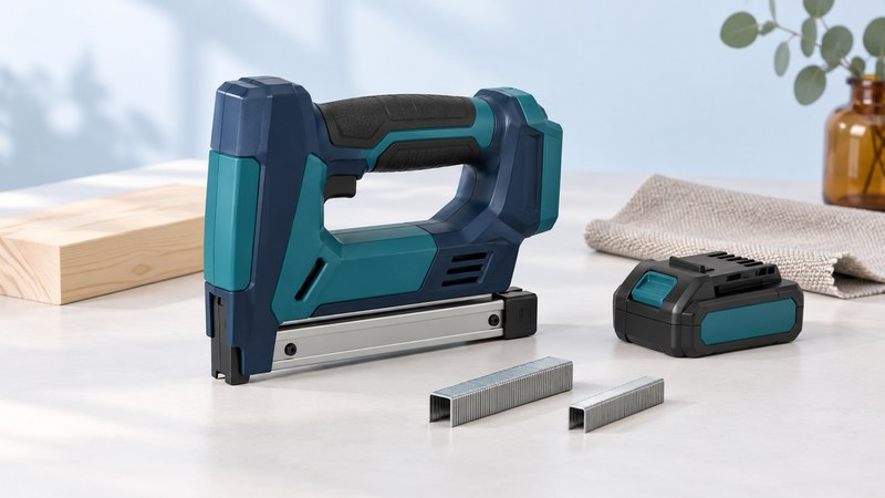 A conceptual cordless stapler with a detached battery and two separate staple strips beside timber and fabric.