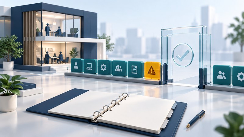 An office model stands beside responsibility tiles, an amber issue marker, a glass review gate and an open binder.