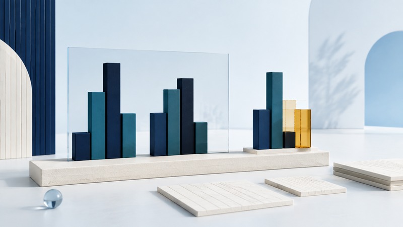 Groups of navy and teal columns on an ivory base, with a glass comparison plane and an amber adjustment column.