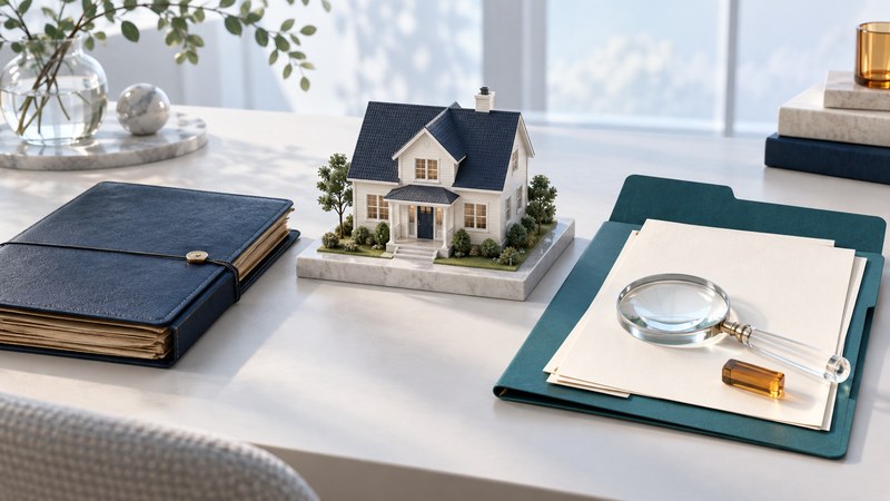 An ivory model house stands between an old navy records folder and a teal folder with papers and a clear magnifying glass.