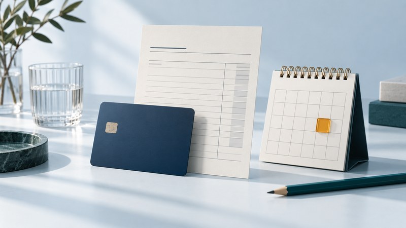 A navy credit card rests against an ivory statement beside a calendar with an amber date marker.