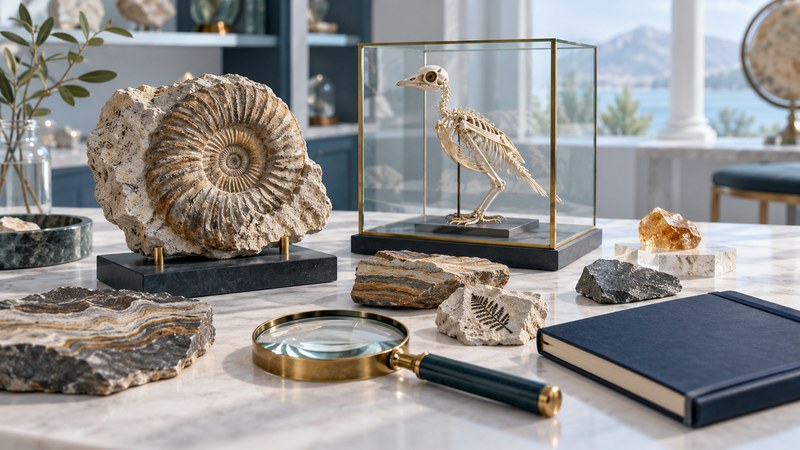 A fossil, bird skeleton in a glass case, rock samples and magnifier on a museum study table.