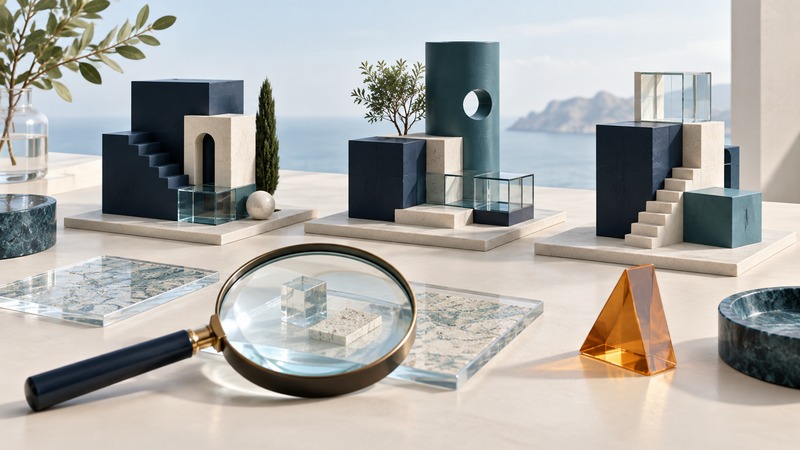 Three small architectural routes sit beside a magnifying lens and an amber assumption marker.