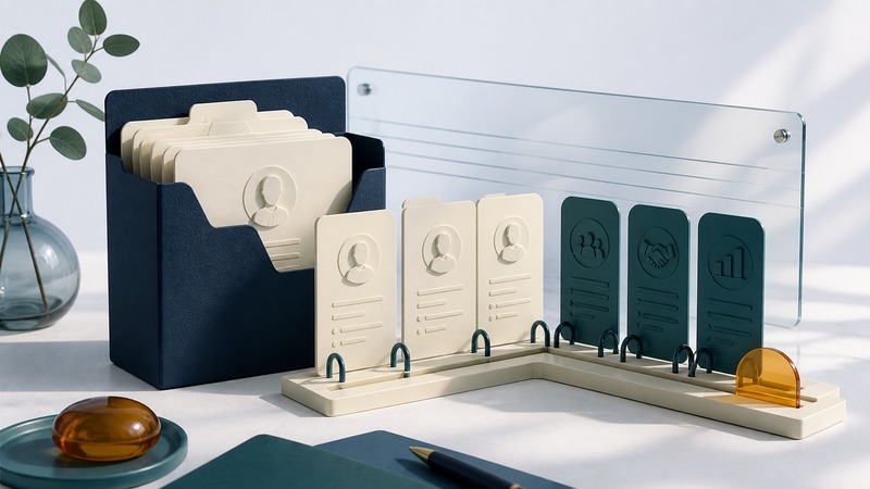 Navy account folder and ivory contact cards connect to teal opportunity cards, with an amber follow-up marker.