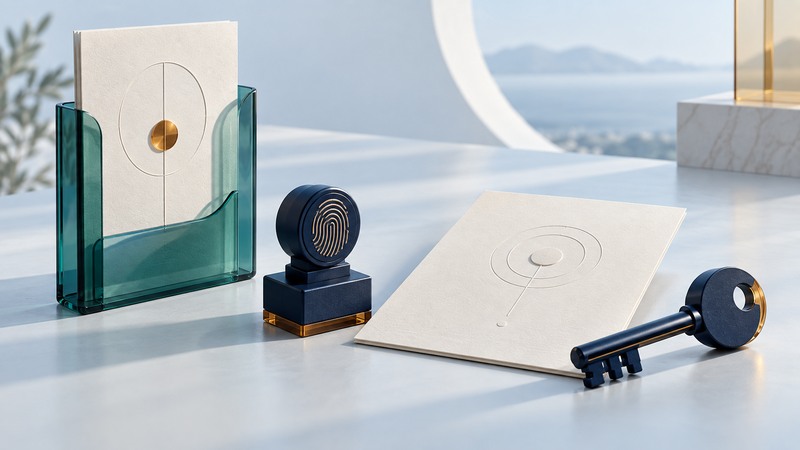 An ivory document in a teal glass sleeve stands beside a geometric stamp, a sealed document and a navy key.