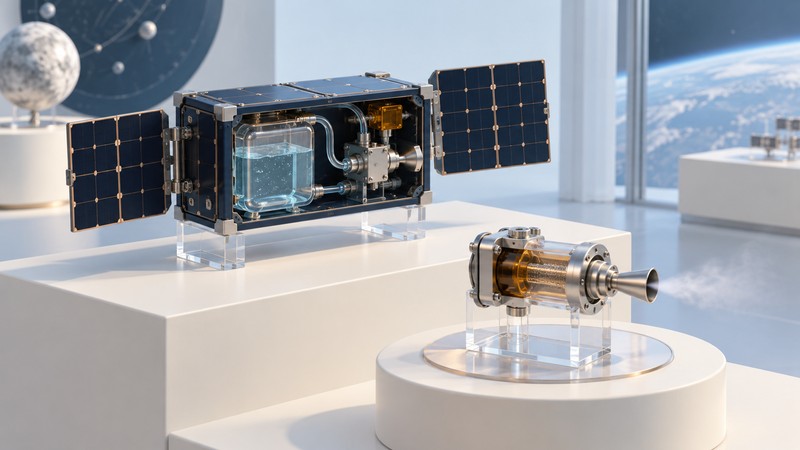 Conceptual CubeSat cutaway with water reservoir, tubing and a separate enlarged thruster exhibit.