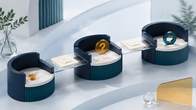 Three curved service bays connected by glass bridges carrying conversation cards, with an amber unresolved marker and a teal ring.