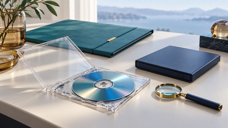 An optical disc in an open jewel case beside a closed external optical drive, magnifying glass and teal folder.