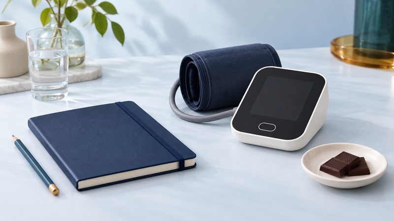 A blood-pressure monitor with a blank display beside a notebook and a separate small saucer of chocolate.