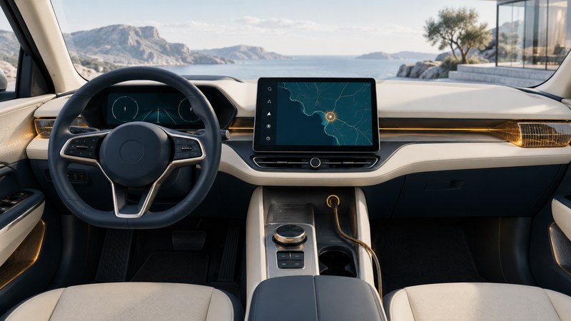 An ivory car dashboard holds a central navigation display, navy steering wheel and neatly routed console cable.