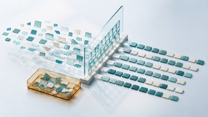 Varied data tiles pass through a glass screen into orderly rows, with irregular pieces retained in an amber tray.