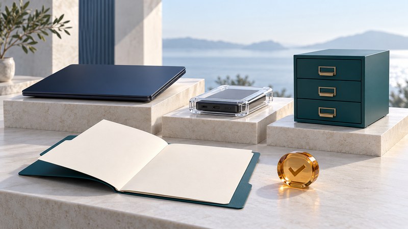 A laptop, protected external drive and teal archive cabinet on separate plinths beside an open folder and amber check marker.