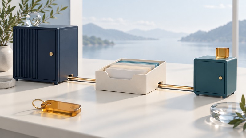 An ivory document tray sits between a navy storage cabinet and a separate teal backup cabinet, with an amber access token.