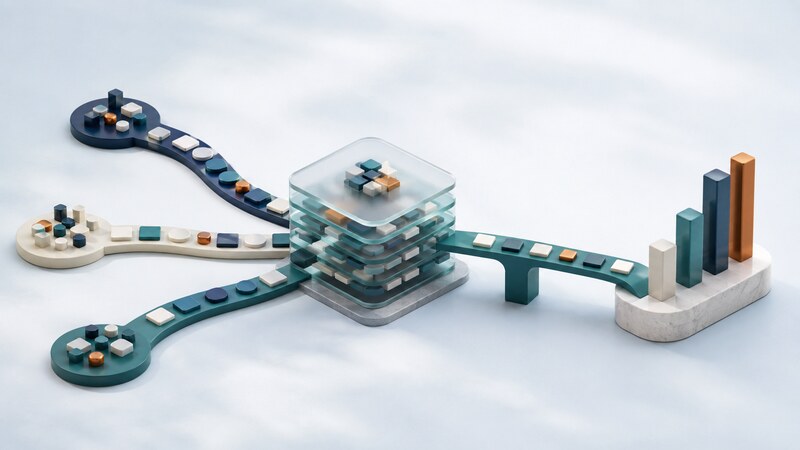 Three streams of data tiles enter a layered glass warehouse and continue toward a teal bar chart.