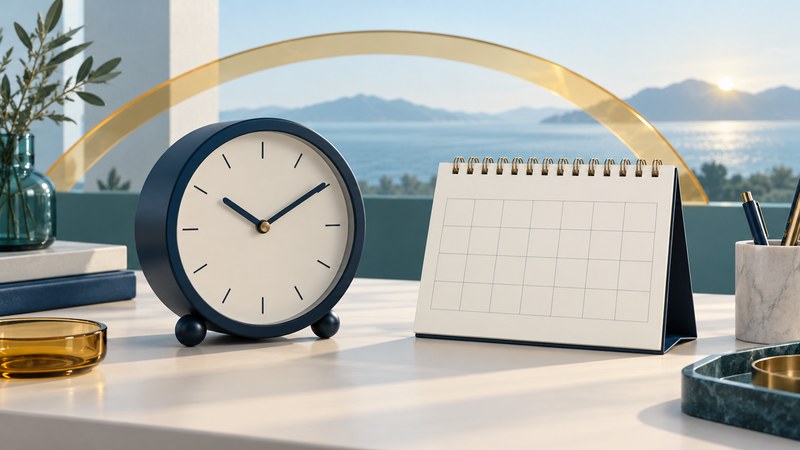 A navy analog clock and blank desk calendar beneath a translucent amber arc of daylight.