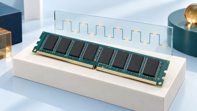 A legacy memory module beside an abstract timing waveform.