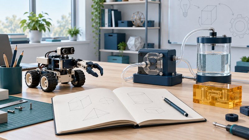 An educational robot, enclosed pump demonstration and open design notebook share an engineering workbench.