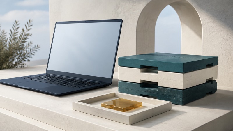 An open navy laptop beside fitted teal and ivory layers, with an amber installation tile in a shallow tray.