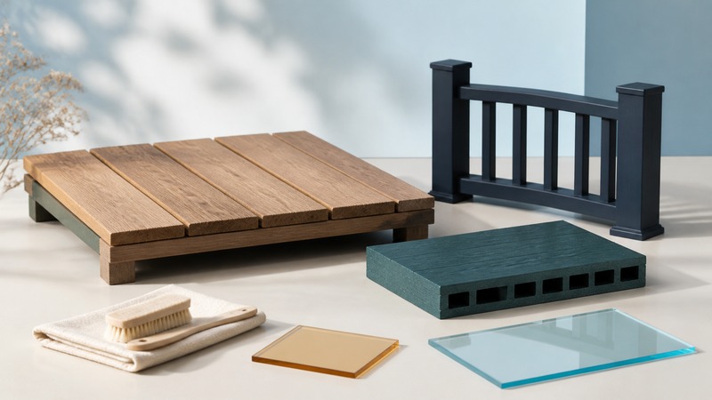 Wood deck-board samples, a teal composite board, a navy railing sample, and a soft brush rest on an ivory table.