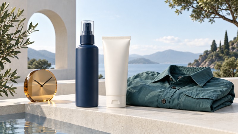 Blank repellent bottles stand beside a folded outdoor shirt and amber clock.