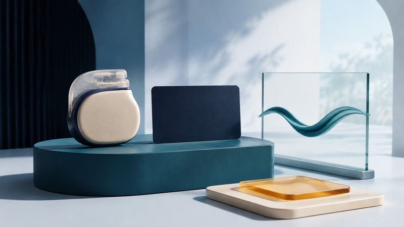 Conceptual implanted rhythm-device module, blank identification card, and sculpted wave on teal and ivory platforms.