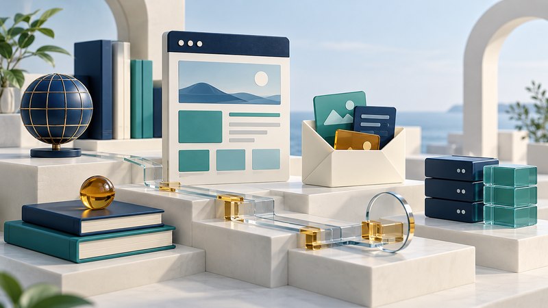 Ivory page models, teal connections, an envelope, and organized data blocks form a small architectural library.
