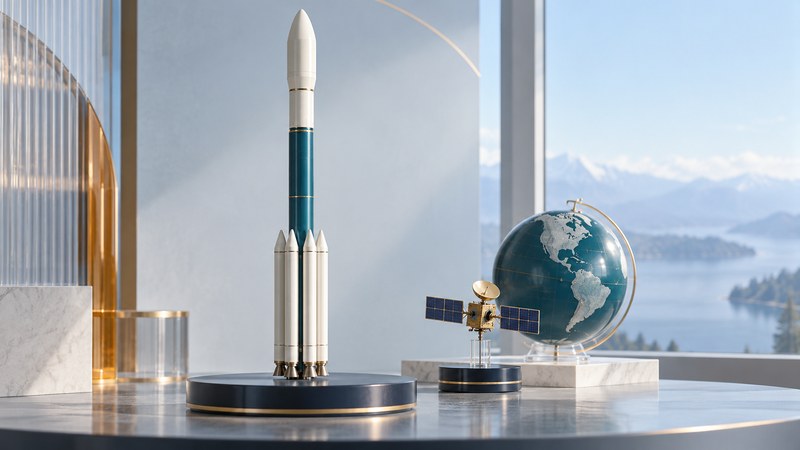 A teal and ivory rocket model with strap-on boosters stands beside a small satellite and a globe.