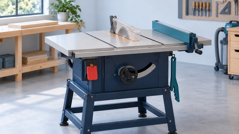 Conceptual illustration of an idle table saw with a clear lowered blade guard, rip fence and stored push stick.