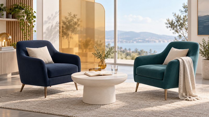 Two navy and teal chairs face a low ivory table with an open notebook and a glass of water.
