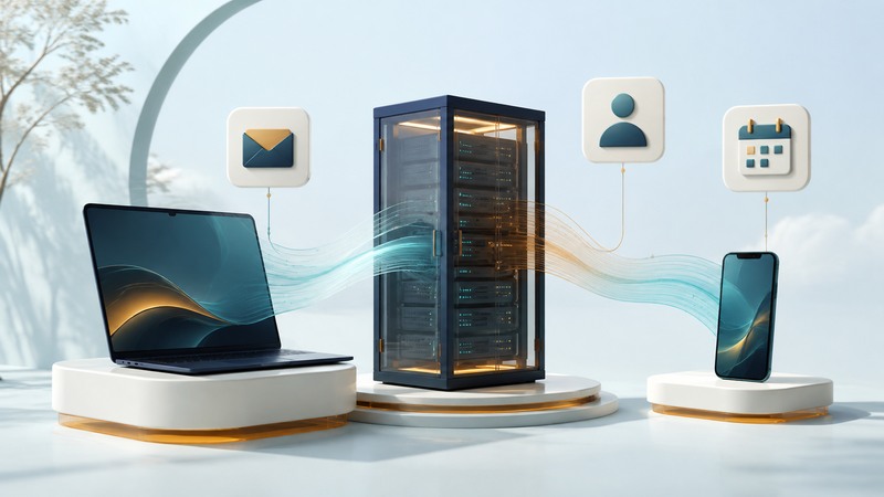 A laptop and phone connect through a central glass-fronted server with mail and calendar tiles.