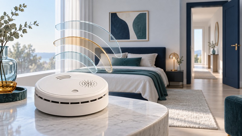 An ivory smoke alarm with glass sound arcs sits in front of an empty bedroom.