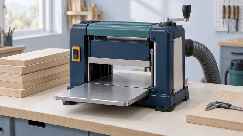 Conceptual illustration of an idle benchtop thickness planer with timber and a caliper placed separately beside it.