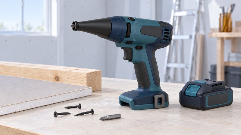 A conceptual cordless drywall screw gun beside a separate battery, gypsum-board sample, timber and loose screws.