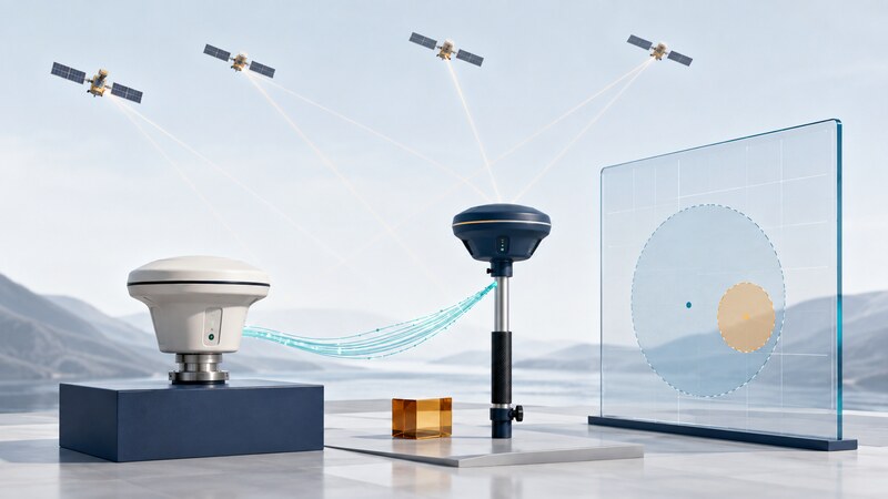 A fixed reference antenna and a rover receive satellite signals, with a separate conceptual correction-data connection between them.