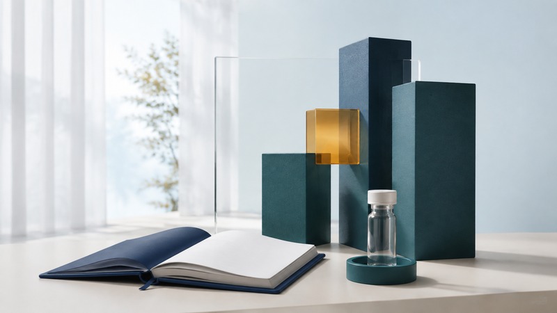 Blank care notebook and laboratory vial beside teal architectural supports and an amber review marker.