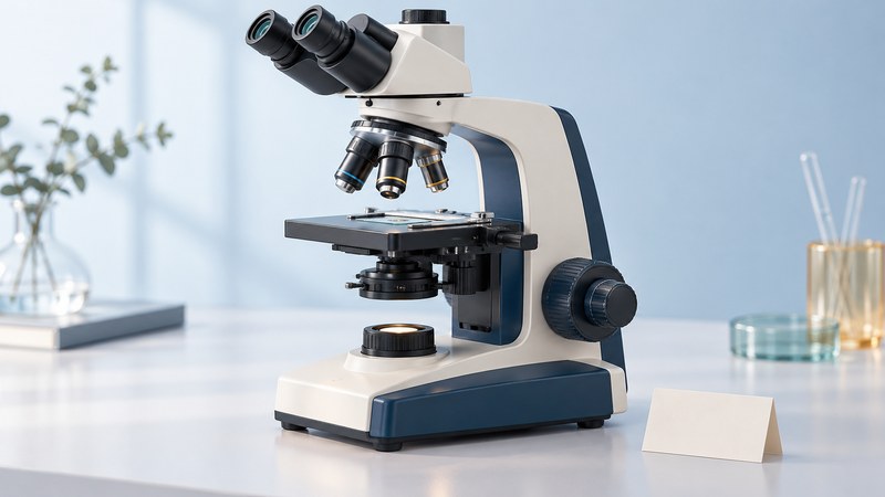 An upright microscope shows its objective nosepiece, specimen stage, condenser and coaxial focusing controls.