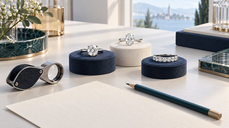 Three silvery diamond rings on navy and ivory display blocks beside a loupe, blank paper and a pencil.