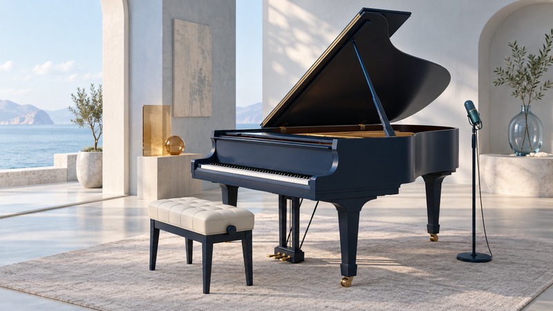 Navy grand piano and ivory bench beside a teal vocal microphone in a pale architectural room.