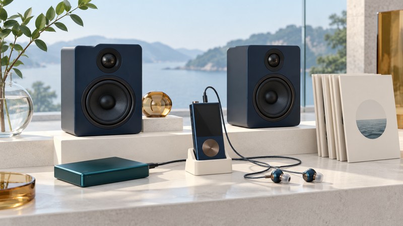 Navy speakers and a portable player on ivory platforms beside earphones, a teal drive and music sleeves.