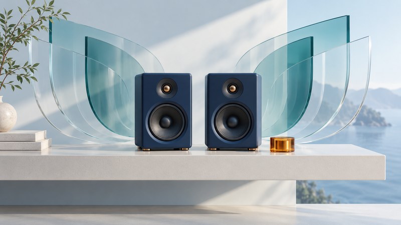 Two navy speakers with broad translucent teal and glass curves spreading behind them.