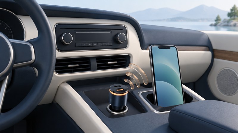 A navy car radio, a compact transmitter and a phone arranged in an ivory dashboard.