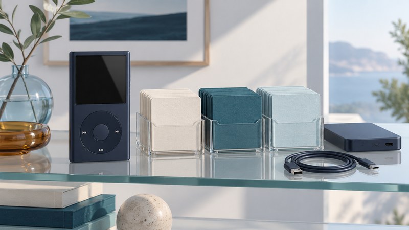 A navy portable player beside orderly blank library cards, an external drive and a USB cable.