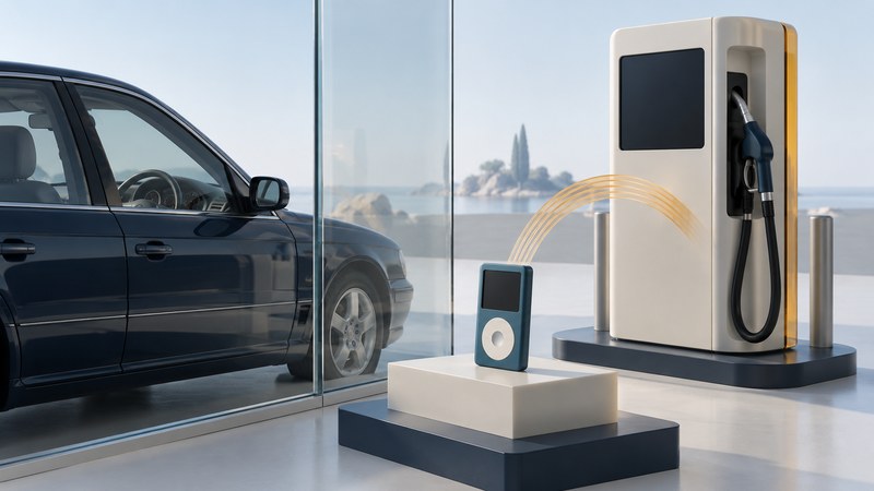 A museum-style scene with an ivory fuel dispenser, navy car and portable music player separated by glass.