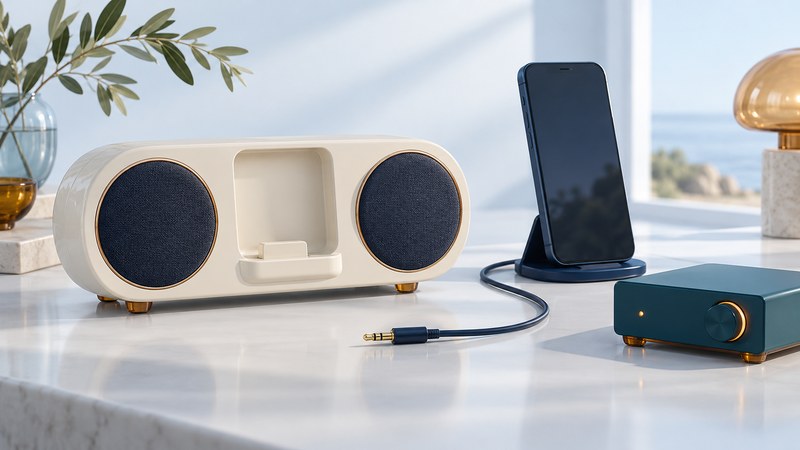 An ivory speaker dock with an empty cradle beside a phone, audio cable and separate teal receiver.